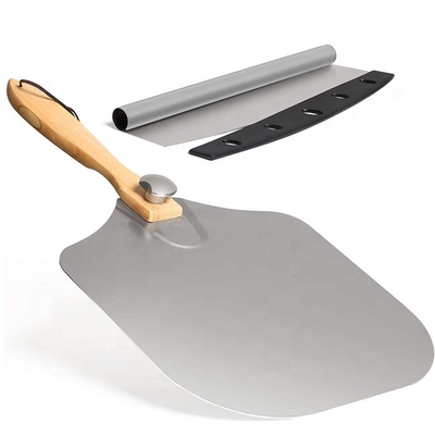 12 * 14 inci Oven Square Pizza Peel Genggam Kayu Aluminium Pizza Shovel Dengan 14 Inch Stainless Steel Cutter Set