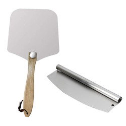12 * 14 inci Oven Square Pizza Peel Genggam Kayu Aluminium Pizza Shovel Dengan 14 Inch Stainless Steel Cutter Set